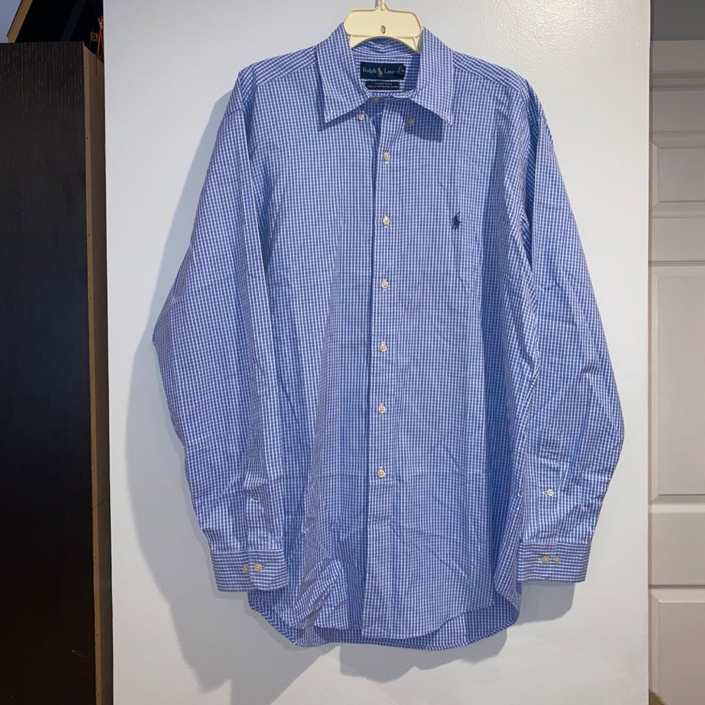 Vintage Ralph Lauren Yarmouth Pinpoint Oxford Blue Plaid Men Size 16 34/35 Whte